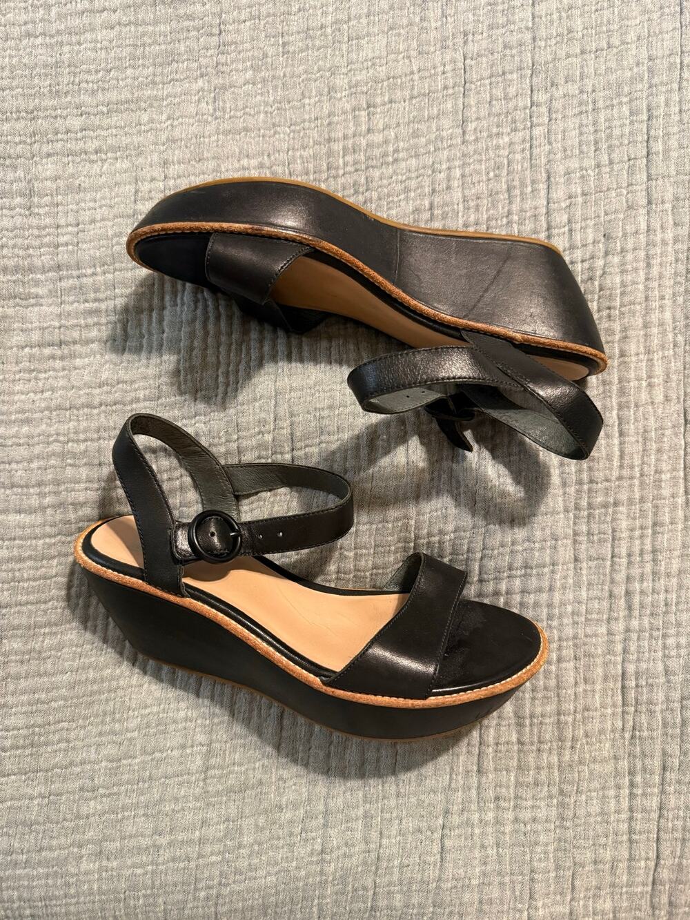 Camper Damas Wedge Sandals Black Leather Strappy Size 39 US 8